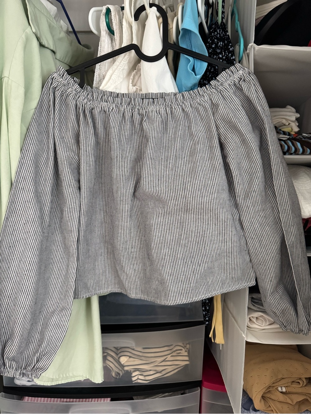 Brandy Melville- Blue & White Pinstripe Off-Shoulder Blouse
